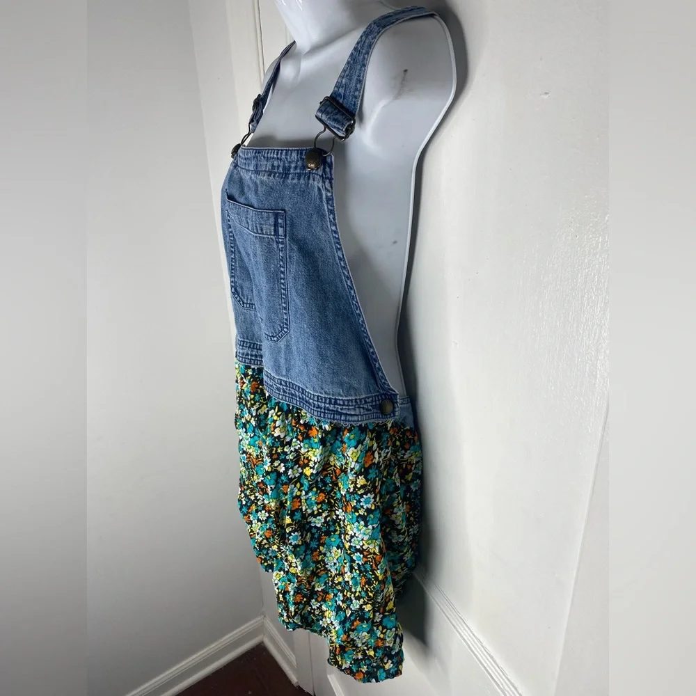 Woolrich Vintage 90s Blue Denim Bib Dress with Teal Floral Skirt Flawed - Picture 2 of 7